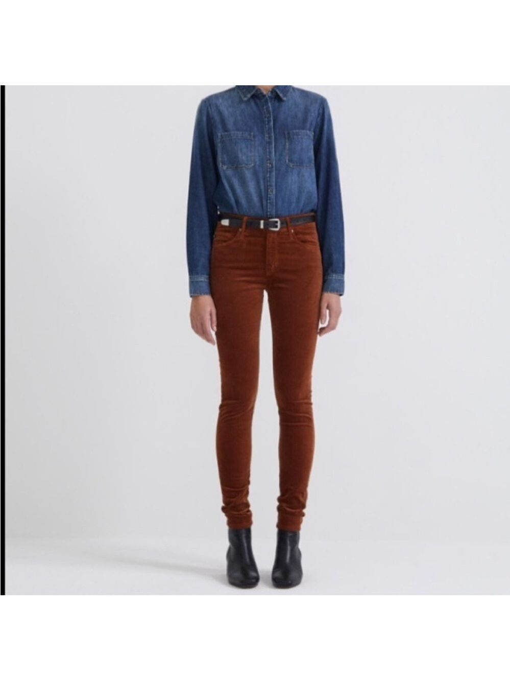 AG Adriano Goldschmied Cognac Velvet The Farrah Skinny High Rise, Size 26